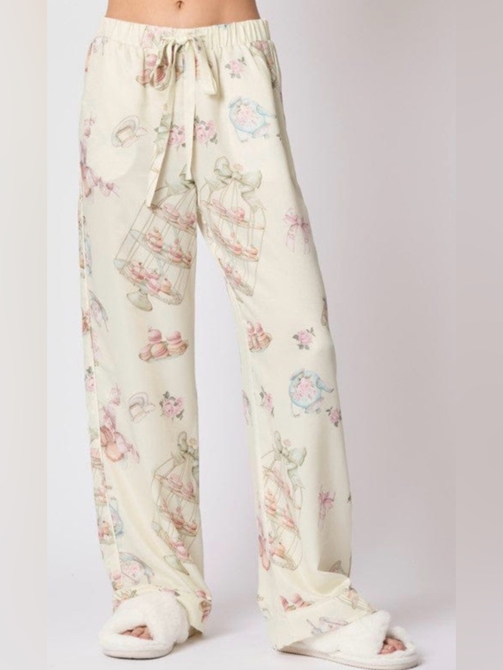Women's Cream Wide-Leg Lounge Pants with Pastel Print NEW